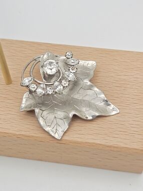 Vintage Carl Art Sterling Silver Leaf Brooch Clear Marquise Rhinestones MCM